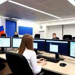 Digital Literacy in Action**

Prompt: A modern Russian municipal office scene. A young, diverse team collaborates on computer workstations. Focus on screens displaying data dashboards, e-government portals, and digital document workflows. Emphasize efficiency and collaboration in a technologically advanced setting. Subtle Russian flag colors in the background.

**