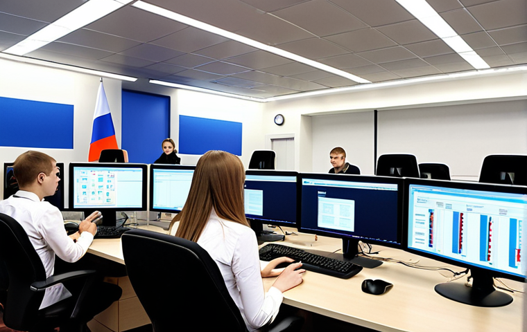 Digital Literacy in Action**
Prompt: A modern Russian municipal office scene. A young, diverse team collaborates on computer workstations. Focus on screens displaying data dashboards, e-government portals, and digital document workflows. Emphasize efficiency and collaboration in a technologically advanced setting. Subtle Russian flag colors in the background.
**