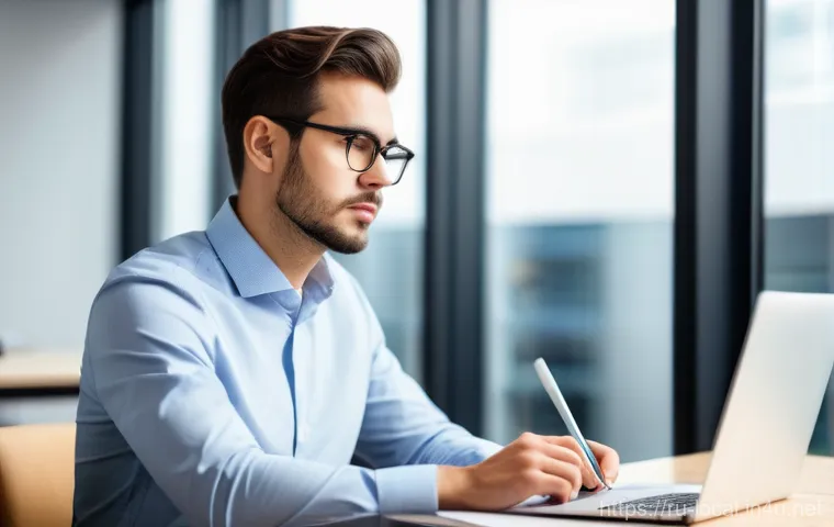 지방공무원 시험 합격자 인터뷰 - **Prompt:** "A focused young professional, dressed in smart business casual attire, sits at a modern...