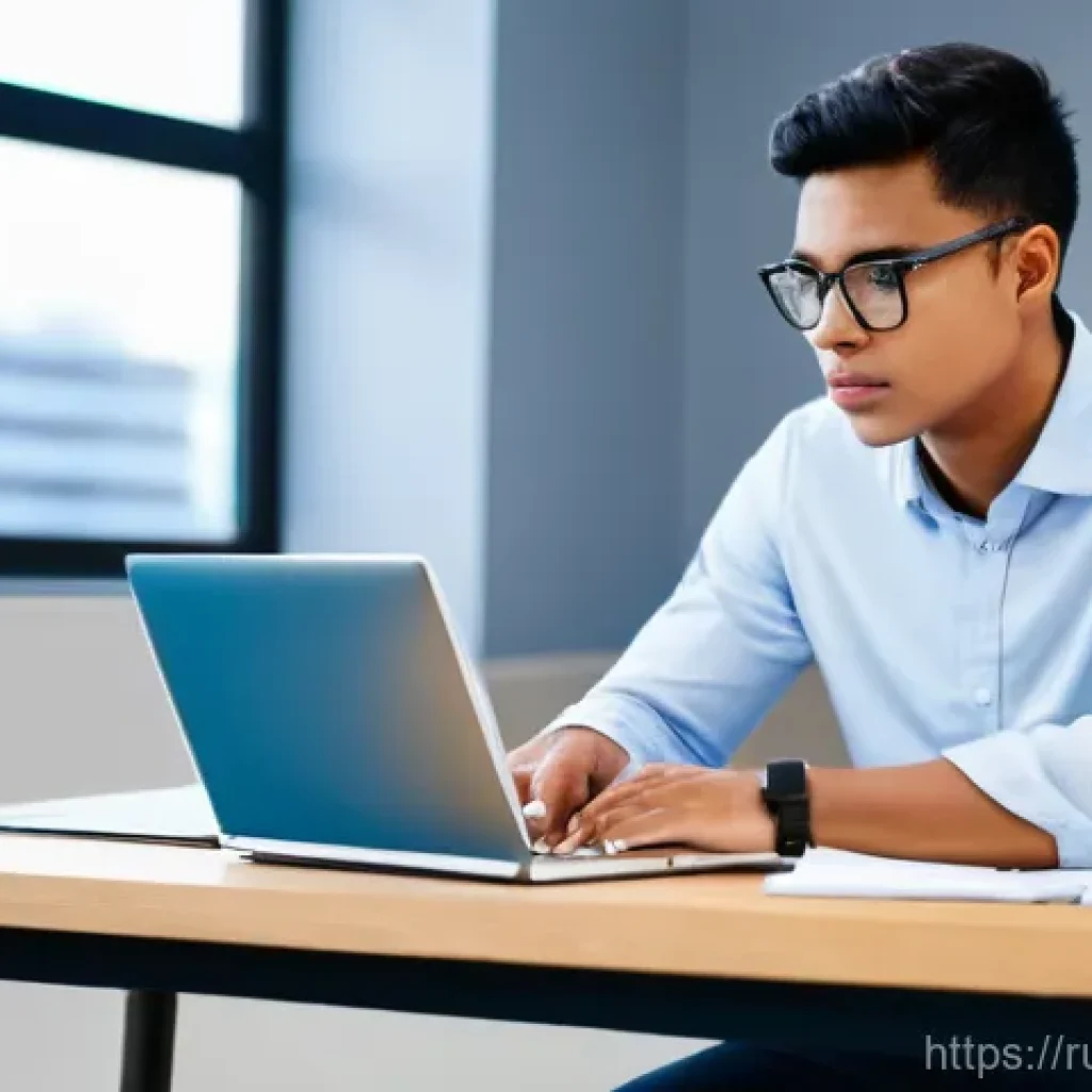 지방공무원 필기시험 모의고사 추천 - **Prompt:** A young adult, male, with a focused and determined expression, sits at a modern, minimal...