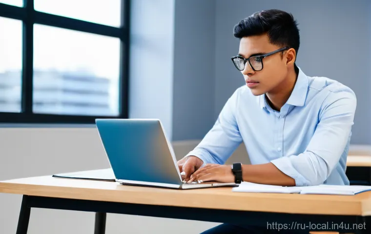 지방공무원 필기시험 모의고사 추천 - **Prompt:** A young adult, male, with a focused and determined expression, sits at a modern, minimal...