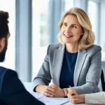 지방공무원 퇴직 후 이직사례 - A distinguished and confident woman in her late 50s, dressed in smart business casual attire, is sea...