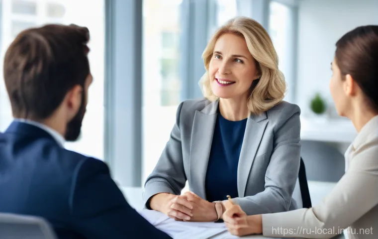 지방공무원 퇴직 후 이직사례 - A distinguished and confident woman in her late 50s, dressed in smart business casual attire, is sea...